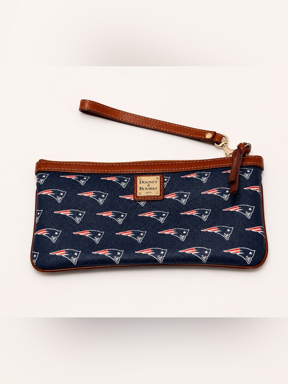Dooney & Bourke Navy New England Patriots Wristlet Clutch with Brown Trim - Picture 2 of 4